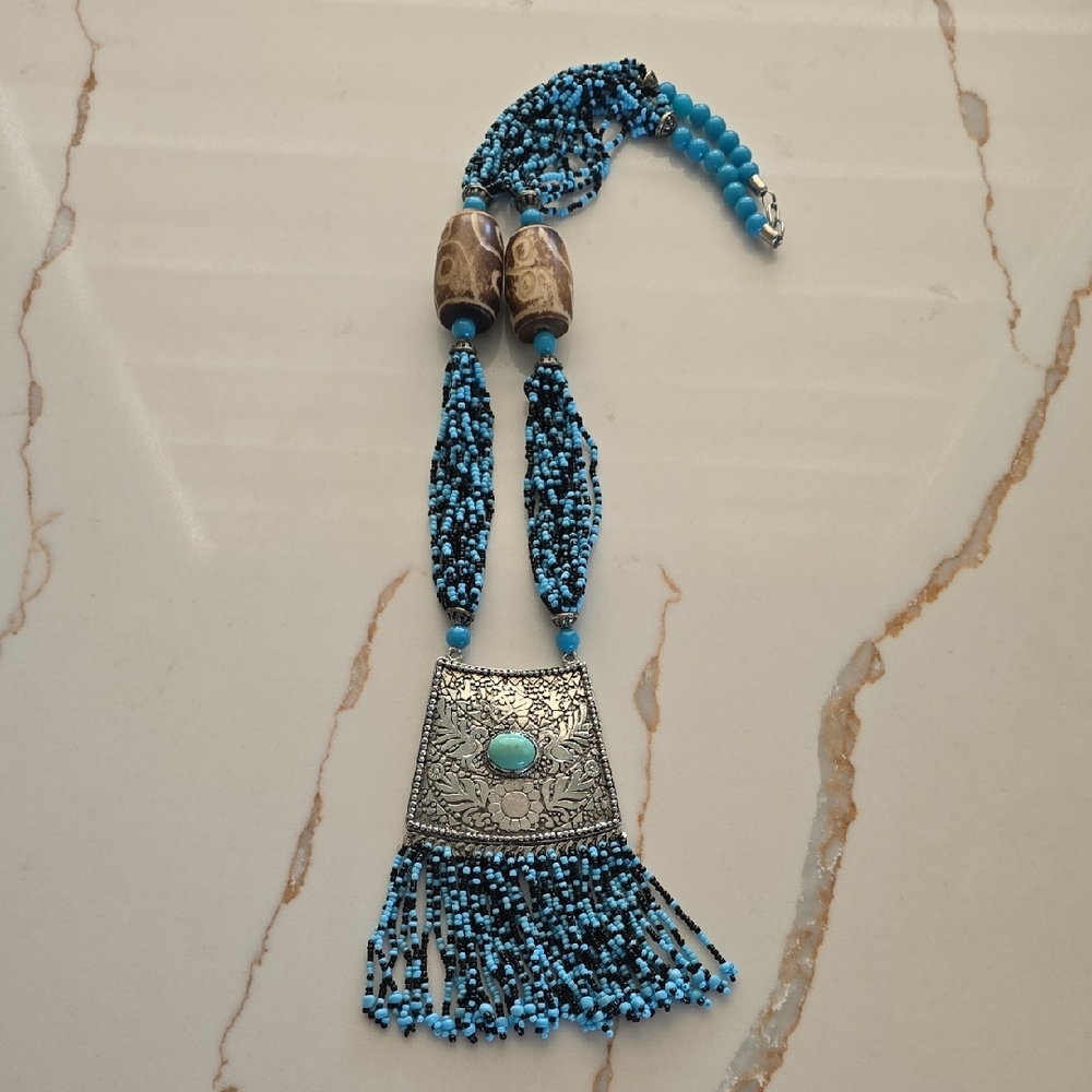 Turquoise and Silver Beaded Necklace